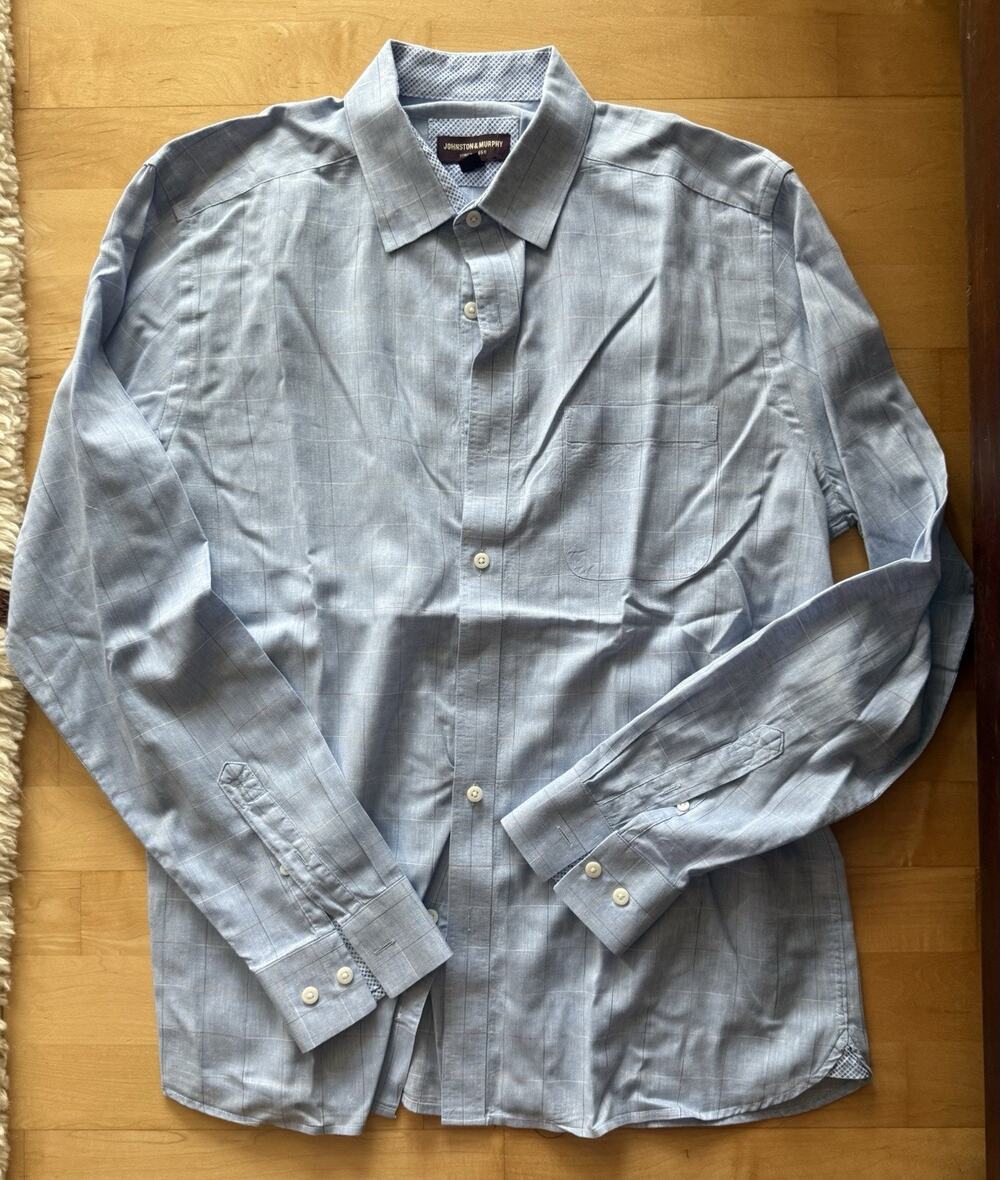 Johnston & Murphy Linen Cotton Long Sleeve Button Up Blue Check Shirt L